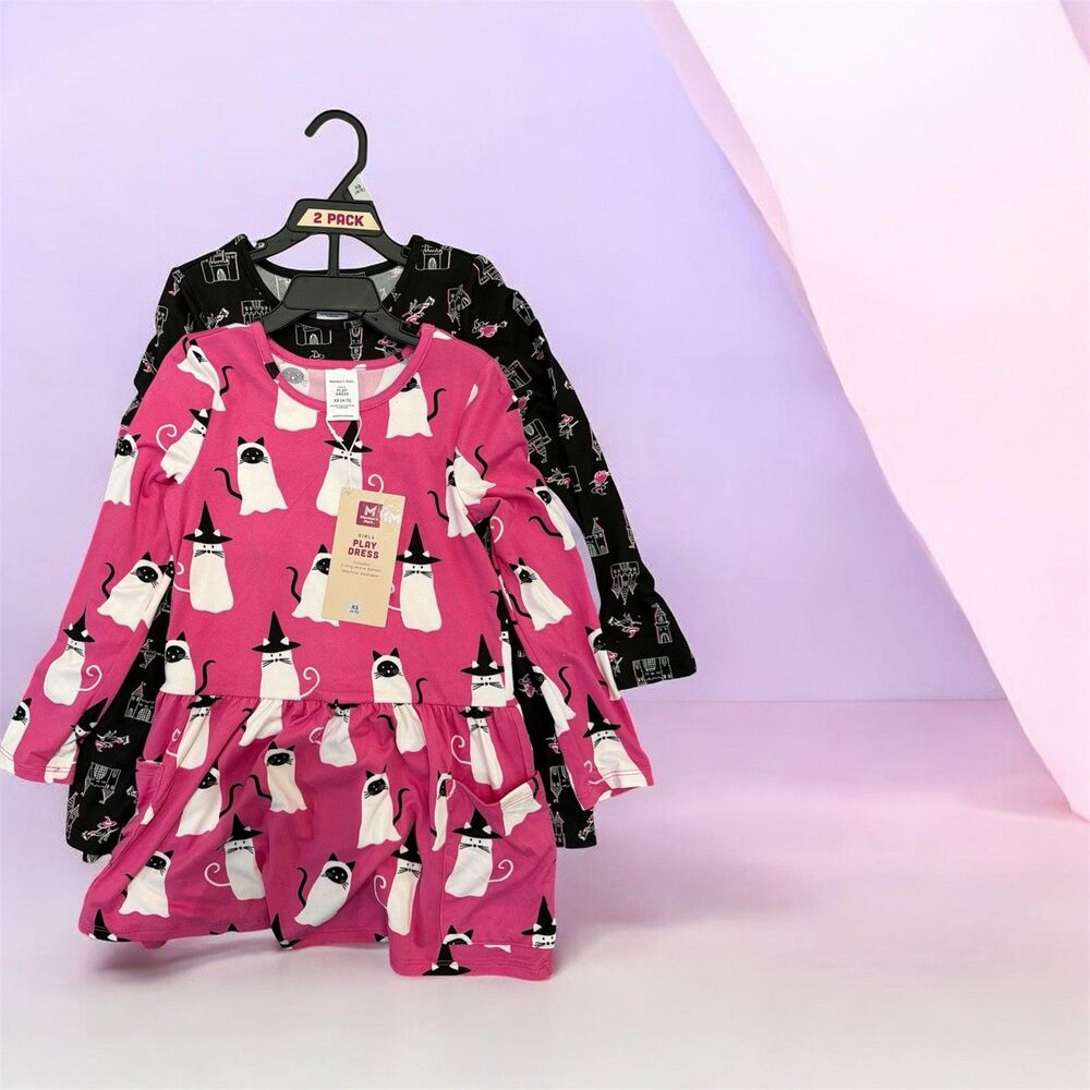 2-Pack Girls Knit Dresses XS (4/5) Long Sleeve Cat Print Ruffle Pink/Black